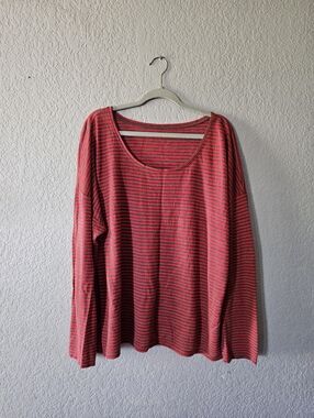 Eileen Fisher Red Striped Long-Sleeve Scoop Neck Top